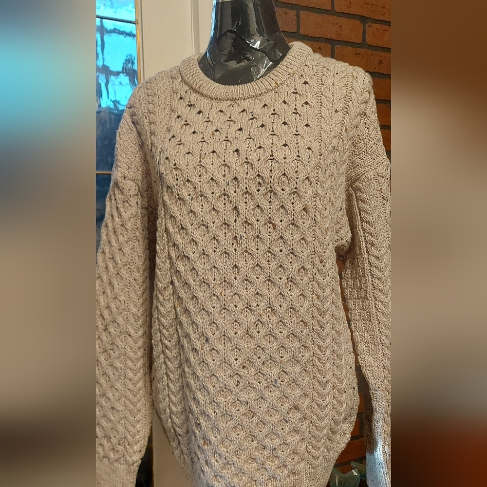 Aran Mór Cream Cable Knit Sweater Large 100% Merino Wool Coastal Grandma